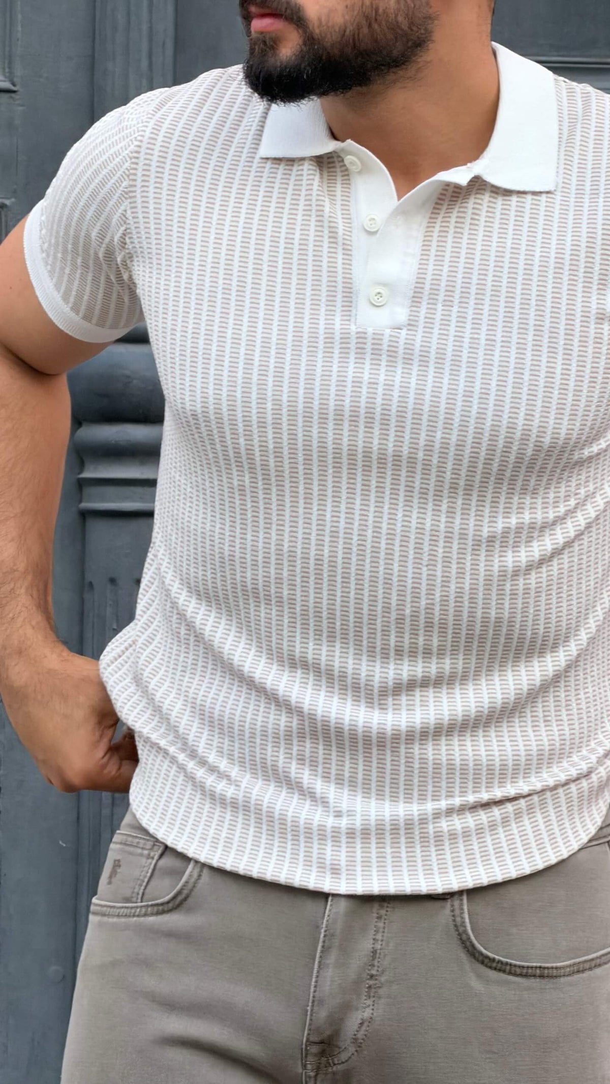 Men’s white beige textured polo shirt with short sleeves and premium smart casual summer style