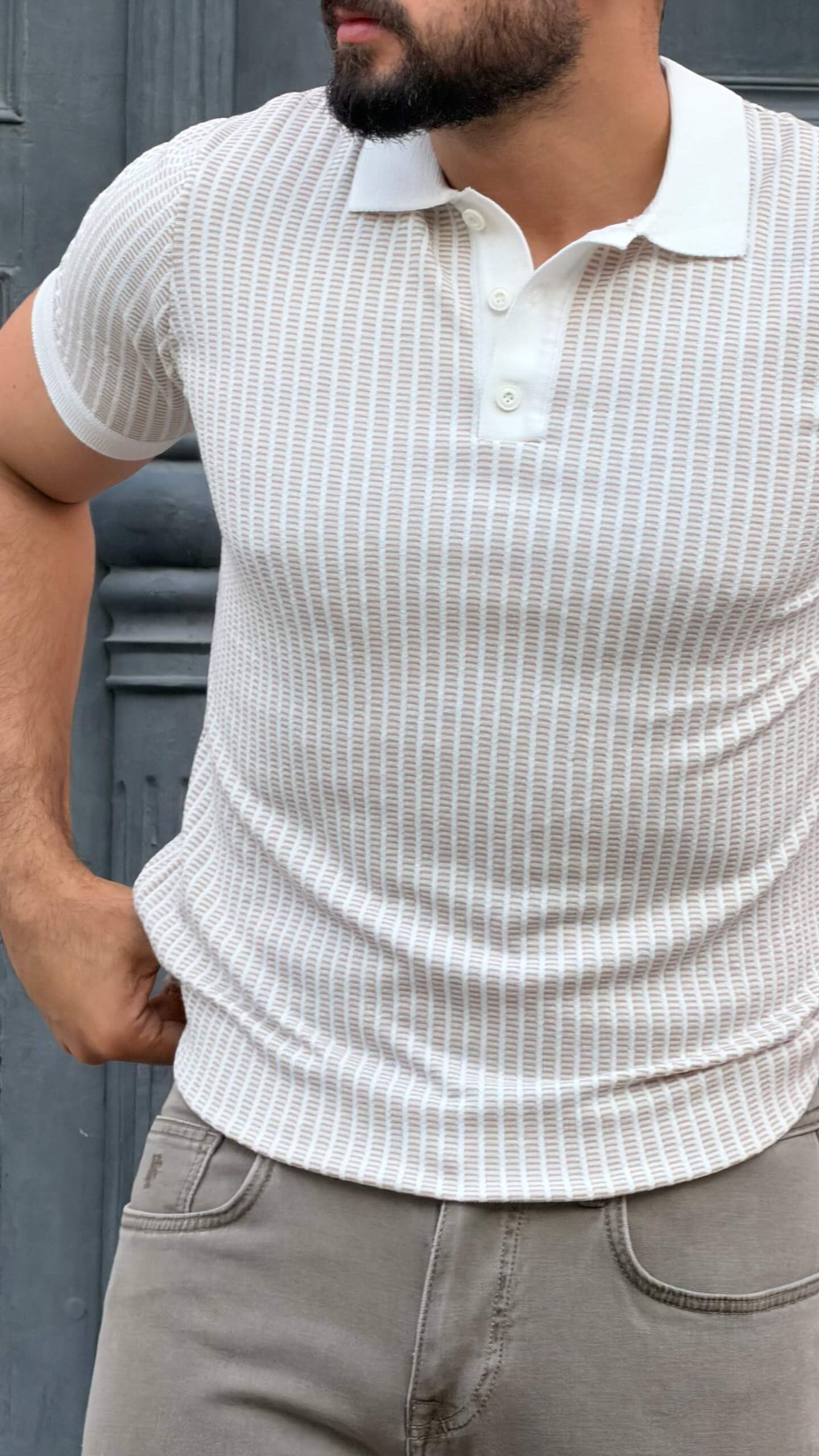 Men’s white beige textured polo shirt with short sleeves and premium smart casual summer style