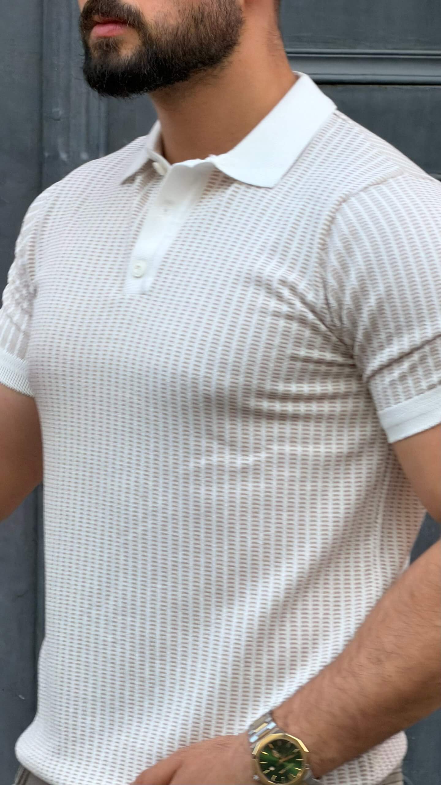 Men’s white beige textured polo shirt with short sleeves and premium smart casual summer style