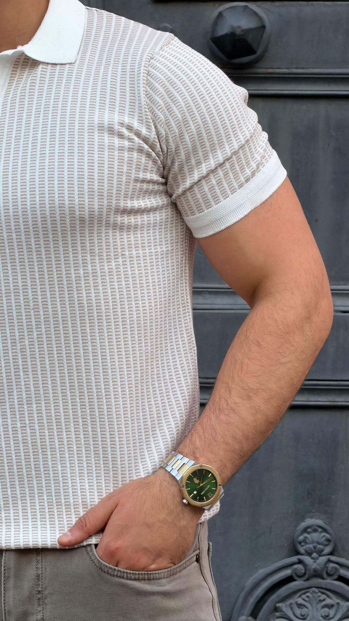 Men’s white beige textured polo shirt with short sleeves and premium smart casual summer style