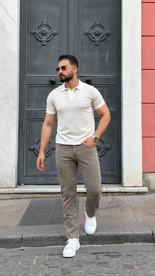 Men’s white beige textured polo shirt with short sleeves and premium smart casual summer style