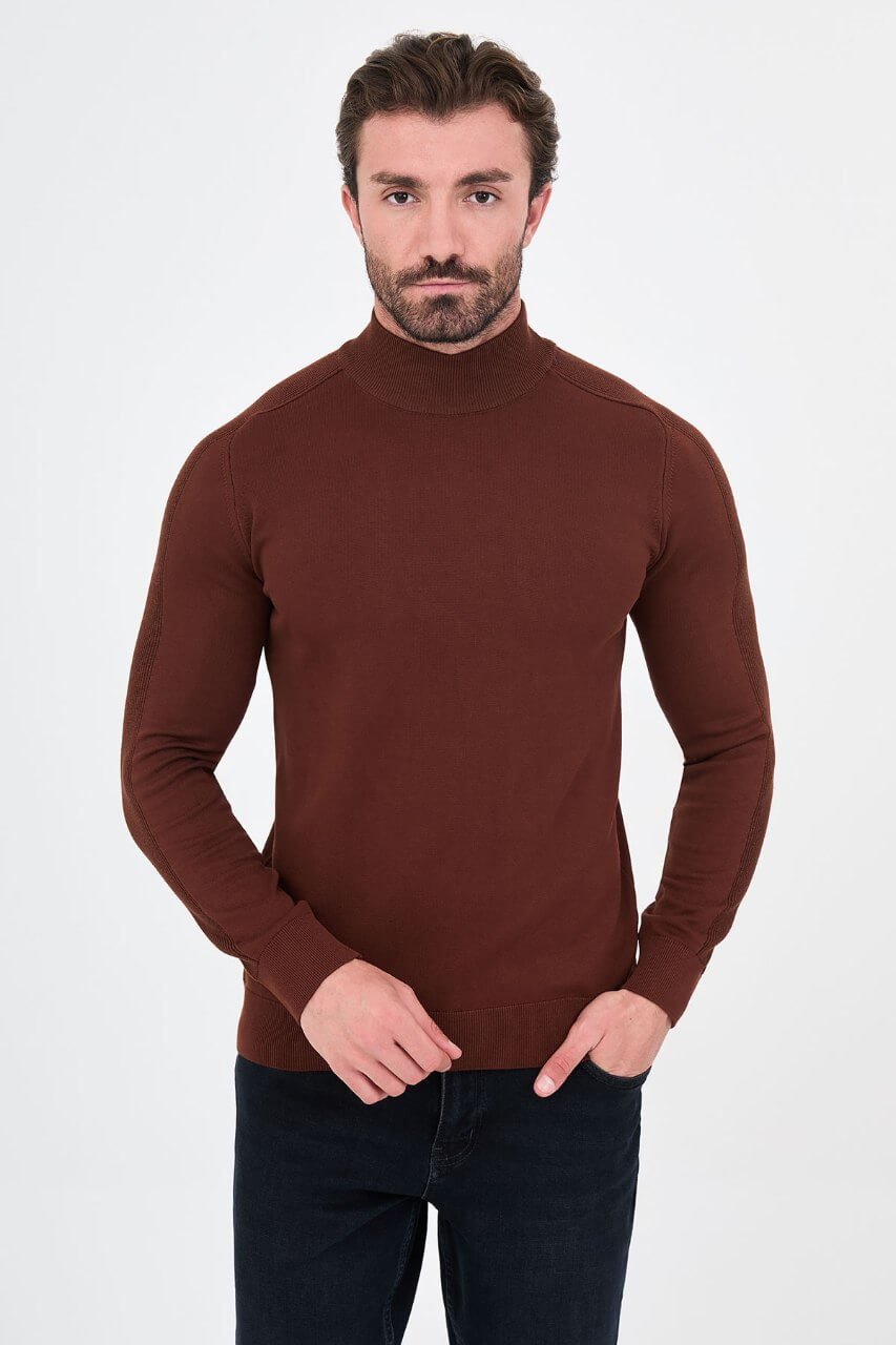 Men's tile slim fit mock neck sweater cotton knit pullover for fall winter smart casual style
