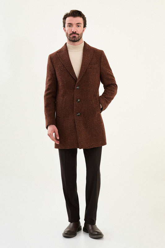 Tile wool blend tailored men’s coat styled with beige turtleneck sweater