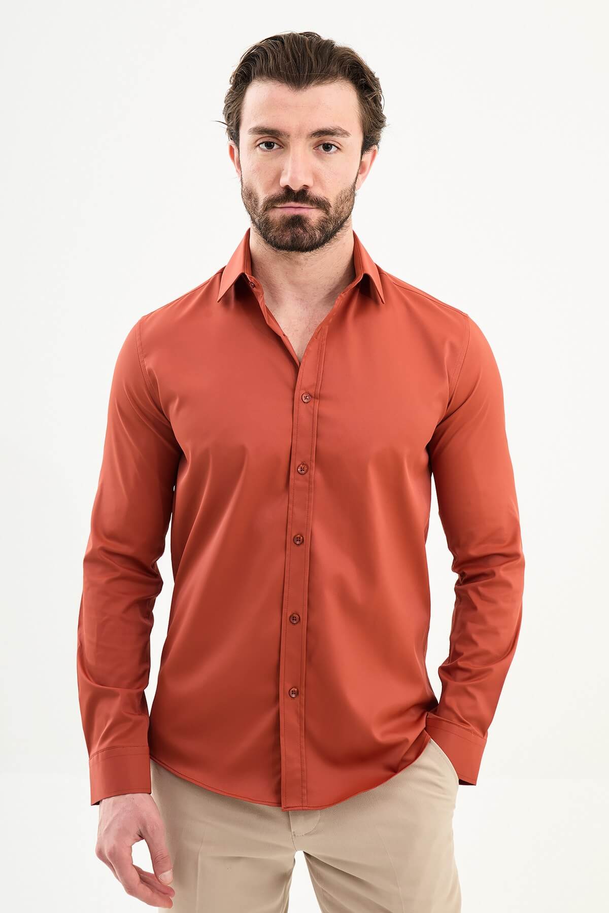 Men’s tile slim fit long sleeve dress shirt with stretch fabric and tailored modern formal design