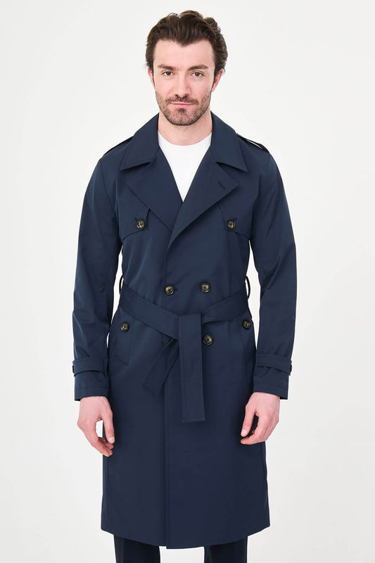Men’s navy blue double breasted trench coat with belt and tailored fit for fall winter style