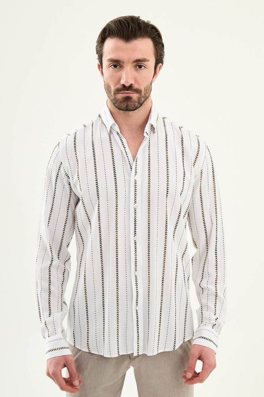 men’s slim-fit long sleeve shirt in white with brown patterned stripes, worn tucked casually with beige trousers.