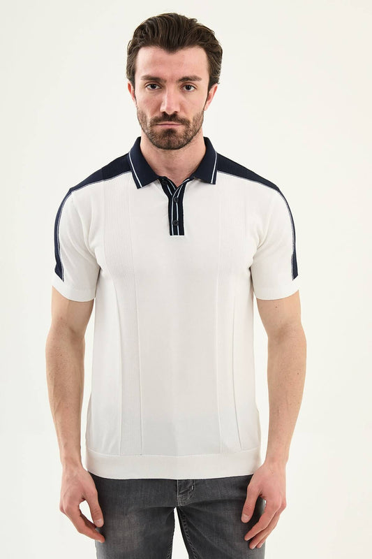 Men’s white colorblock slim fit knit polo shirt with contrast collar details styled for elegant summer smart-casual fashion.