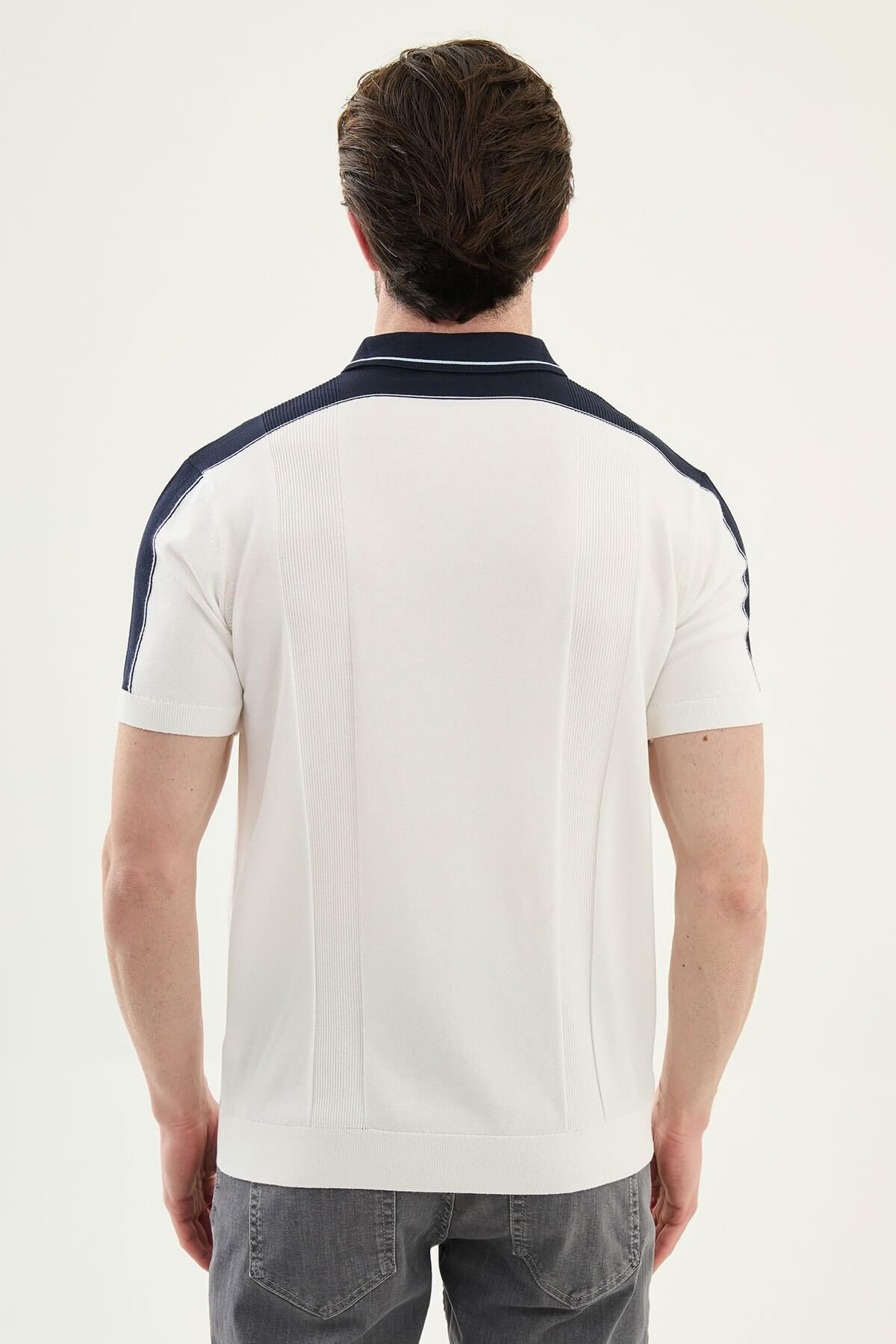 Men’s white colorblock slim fit knit polo shirt with contrast collar details styled for elegant summer smart-casual fashion.