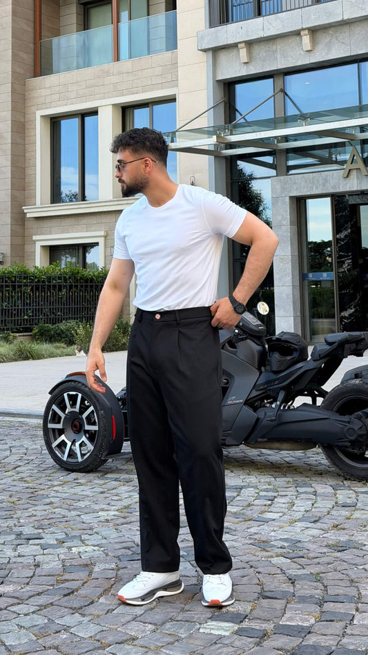 Ecru men’s crew neck t-shirt on model, soft cotton-viscose blend, comfortable slim fit casual essential.