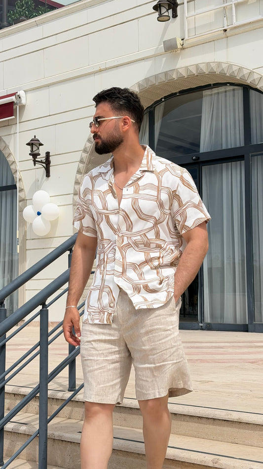 Men’s white brown abstract print short sleeve shirt with lightweight viscose fabric, button-front design, and modern summer casual style.