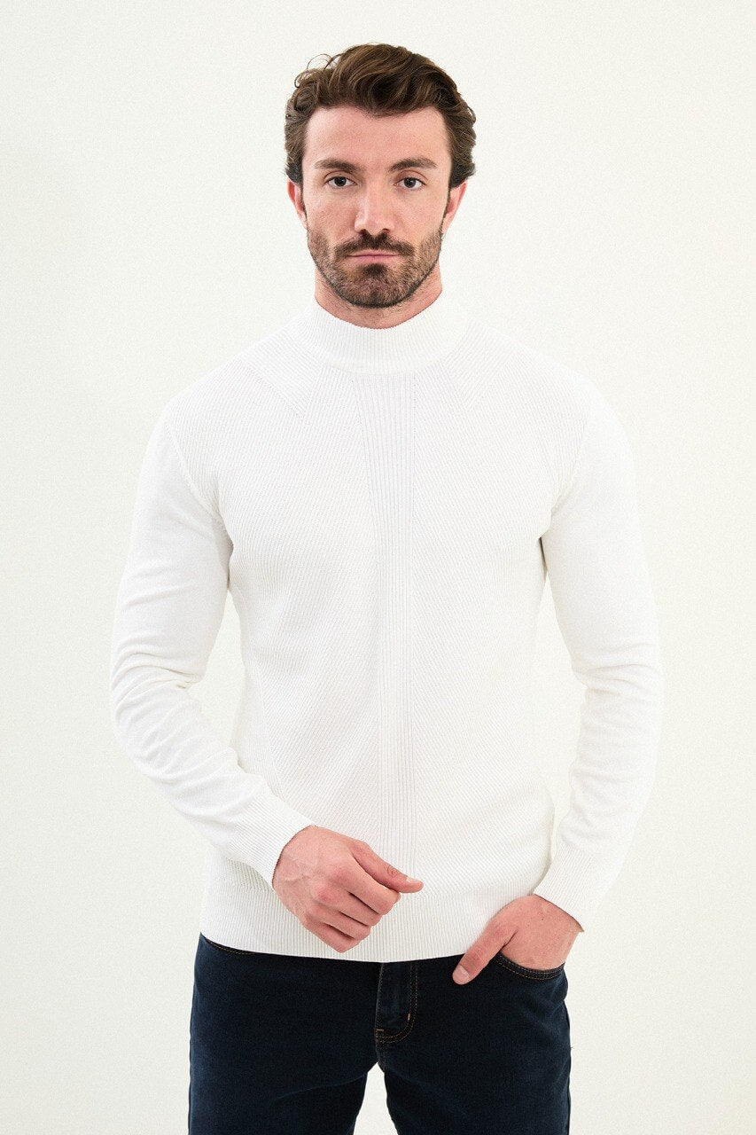 Men’s bright white slim-fit ribbed mock-neck cotton-blend sweater with multi-directional ribbing and diagonal chest panel, styled with dark denim.