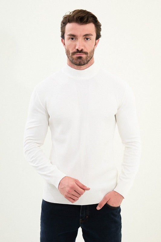 Men’s bright white slim-fit ribbed mock-neck cotton-blend sweater with multi-directional ribbing and diagonal chest panel, styled with dark denim.