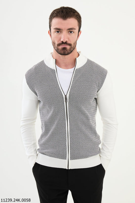 Cárdigan blanco con cremallera y diseño texturizado para hombre.