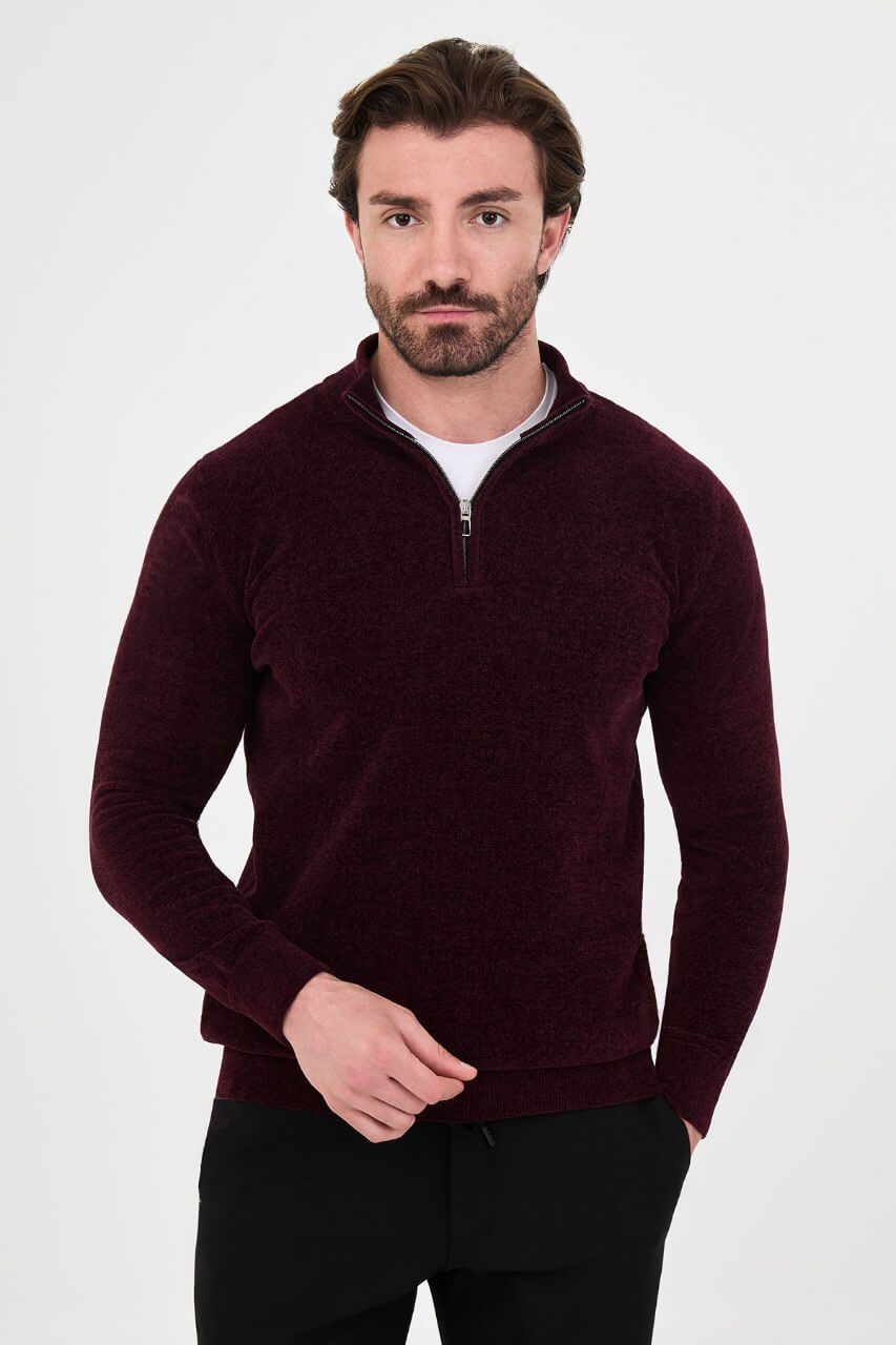 Men’s burgundy zip neck knit sweater in a cotton blend slim fit design for fall winter smart casual style.