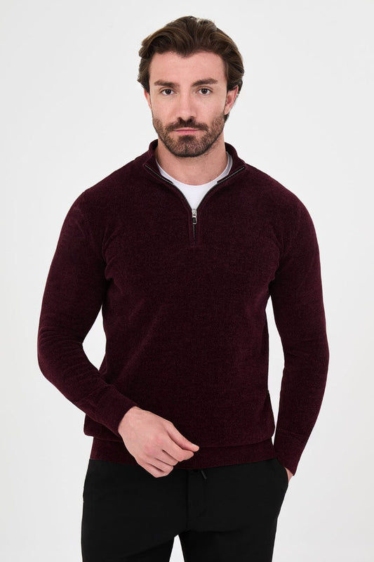 Men’s burgundy zip neck knit sweater in a cotton blend slim fit design for fall winter smart casual style.