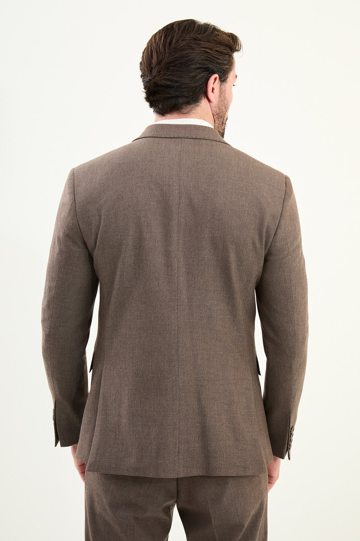Men’s coffee brown mélange slim-fit double-breasted wool-blend suit with peak lapels, tortoiseshell buttons, and red origami lapel pin.