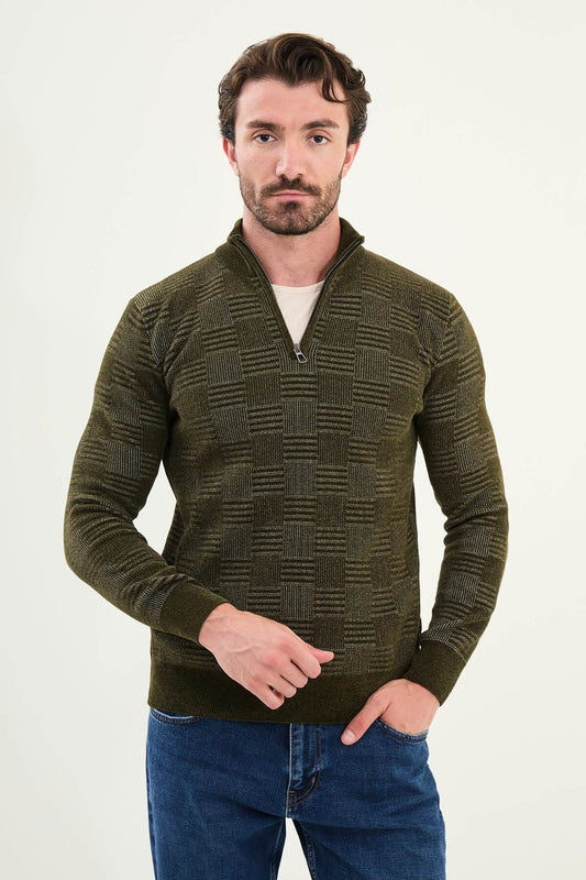 AXIST khaki green slim fit knit pullover styled with dark denim jeans – men’s Fall/Winter wardrobe essential