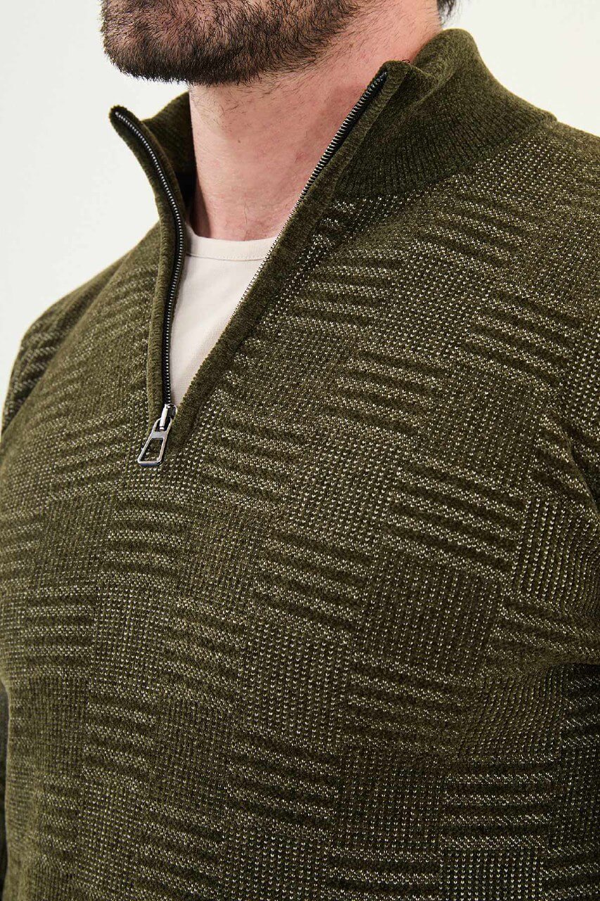 AXIST khaki green slim fit knit pullover styled with dark denim jeans – men’s Fall/Winter wardrobe essential