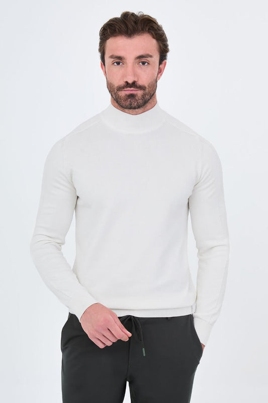 Men's ecru slim fit mock neck sweater cotton knit pullover for fall winter smart casual style