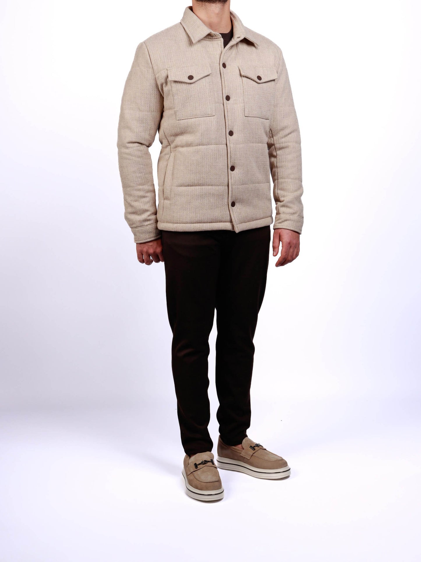Beige Quilted Wool-Blend Overshirt Jacket.