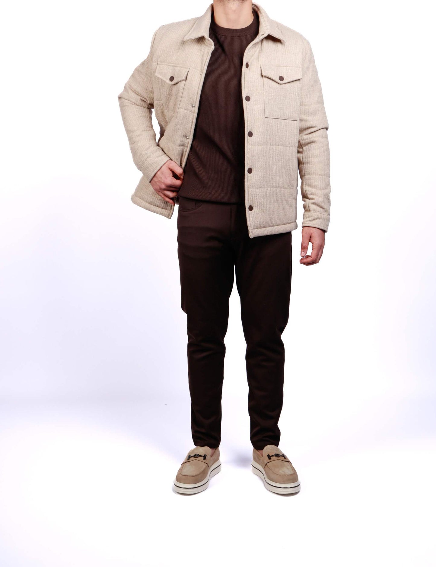 Beige Quilted Wool-Blend Overshirt Jacket.