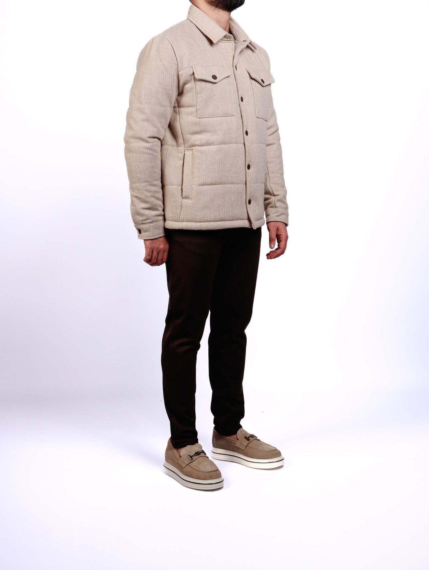 Beige Quilted Wool-Blend Overshirt Jacket.