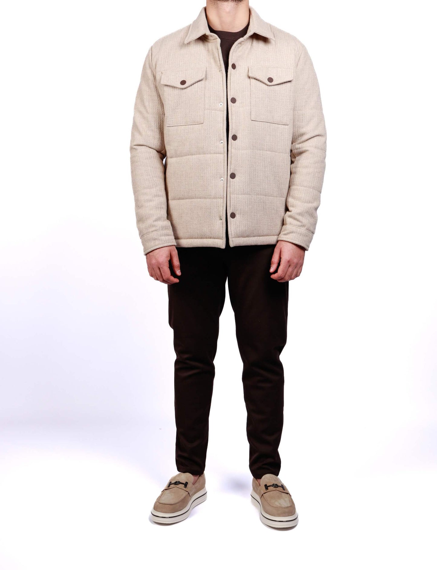 Beige Quilted Wool-Blend Overshirt Jacket.
