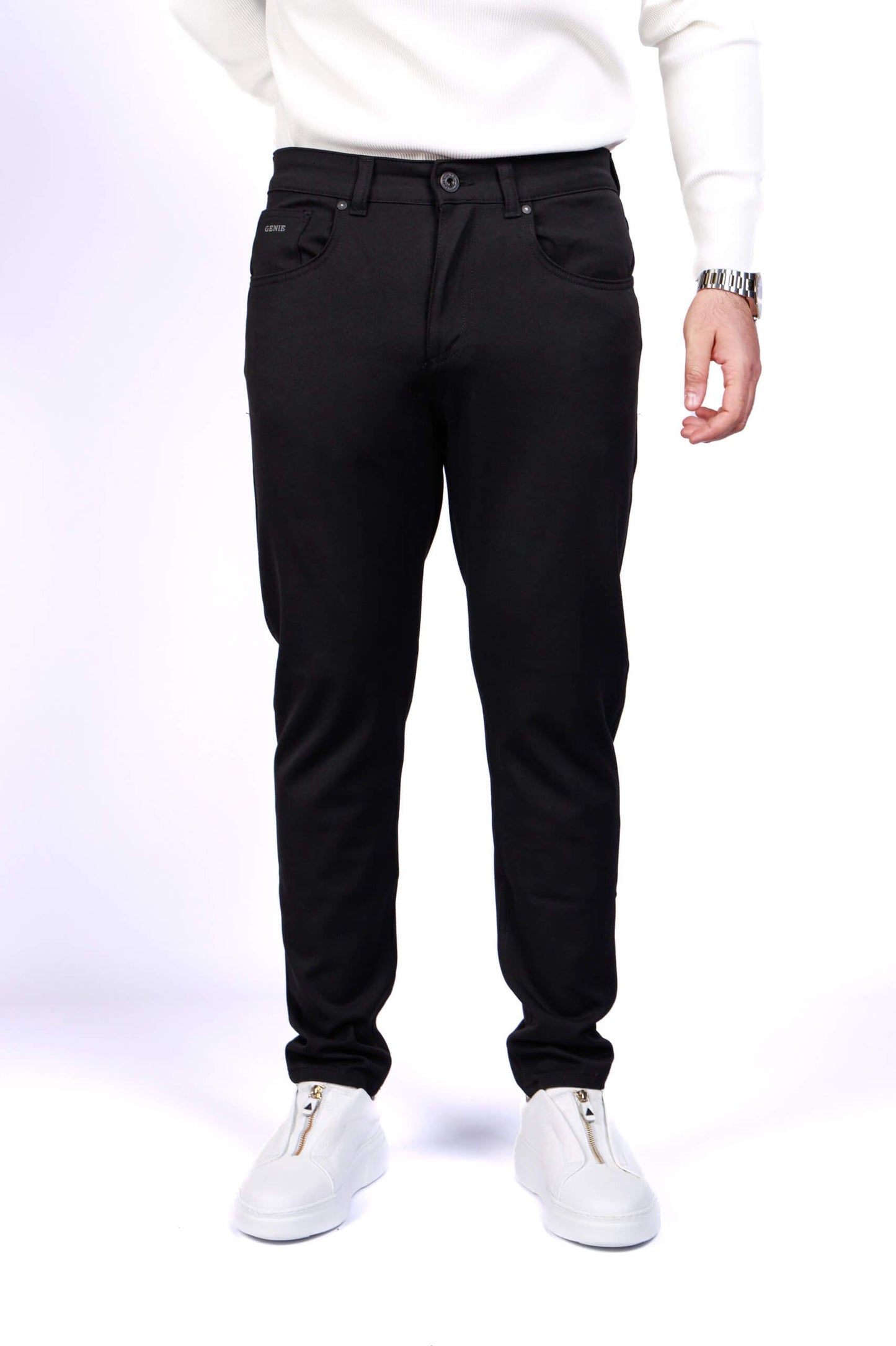 Men’s black slim fit stretch trousers with clean tailoring, fall winter custom design