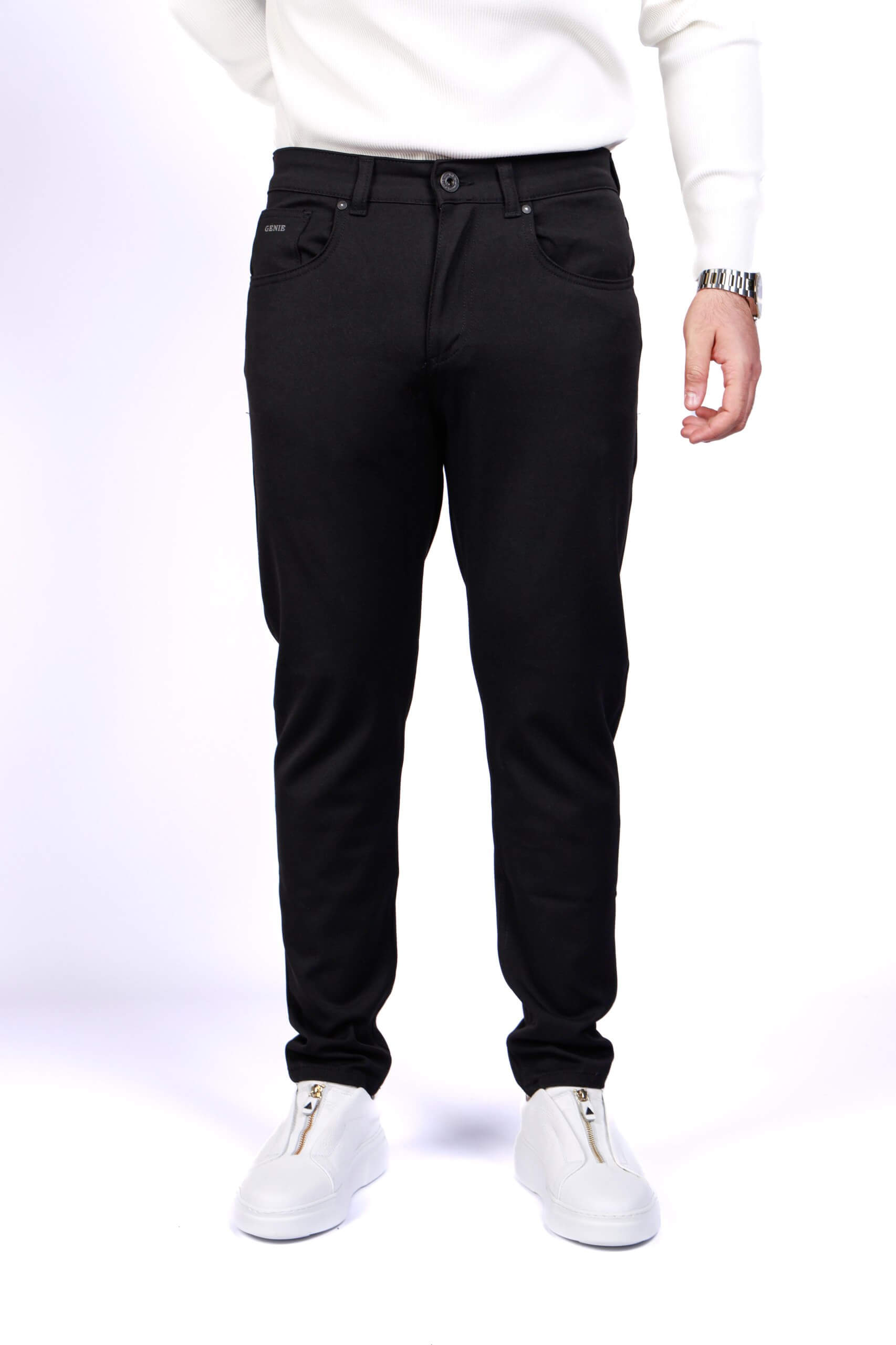 Men’s black slim fit stretch trousers with clean tailoring, fall winter custom design