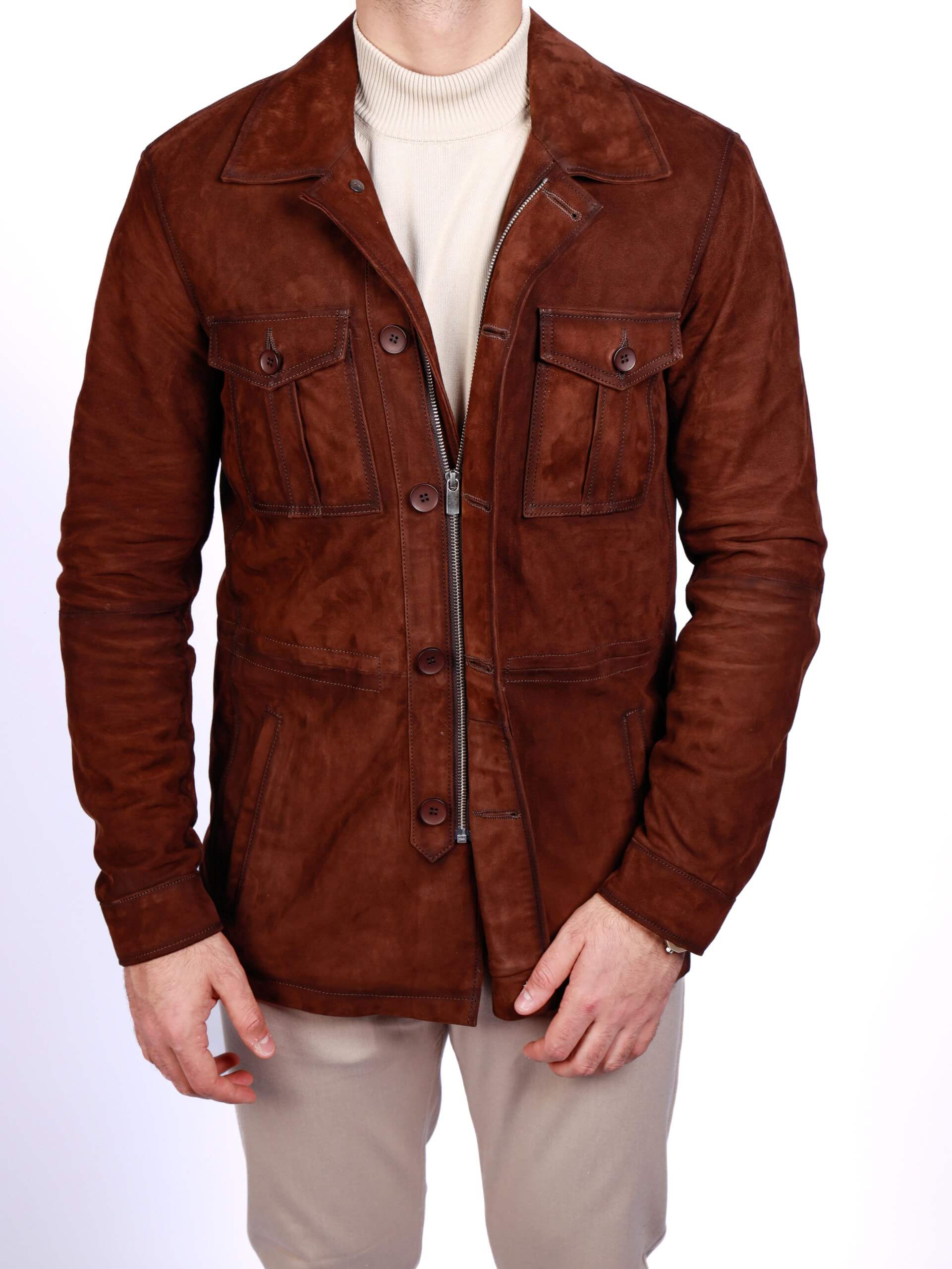 Men’s brown lamb leather suede field jacket with front pockets and button zip closure, worn over a light knit sweater.