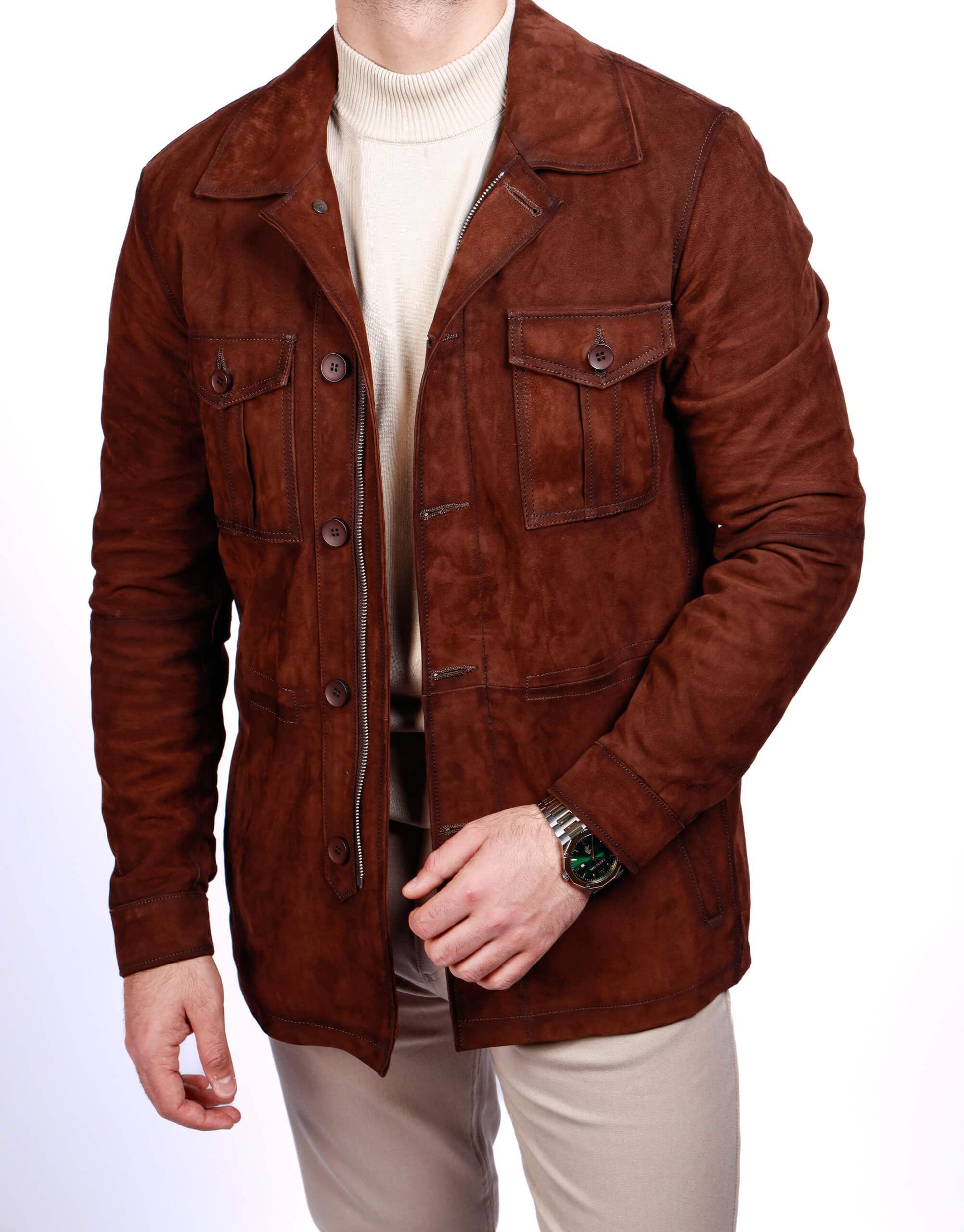 Men’s brown lamb leather suede field jacket with front pockets and button zip closure, worn over a light knit sweater.