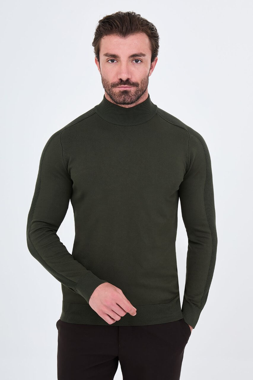 Men's khaki slim fit mock neck sweater cotton knit pullover for fall winter smart casual style