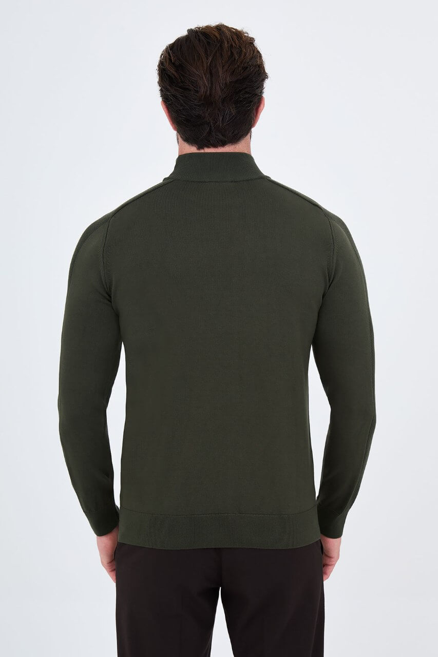 Men's khaki slim fit mock neck sweater cotton knit pullover for fall winter smart casual style
