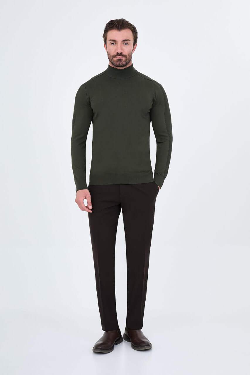 Men's khaki slim fit mock neck sweater cotton knit pullover for fall winter smart casual style