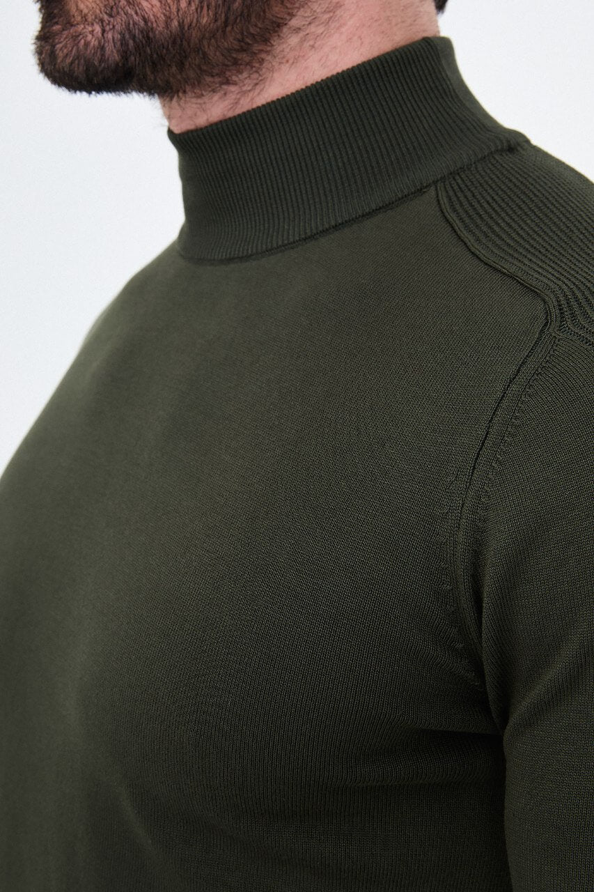 Men's khaki slim fit mock neck sweater cotton knit pullover for fall winter smart casual style