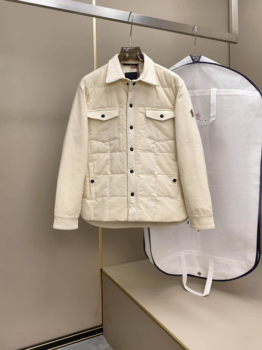 Cream corduroy down shirt jacket with quilted lining and buttoned chest pockets, Moncler-inspired design.