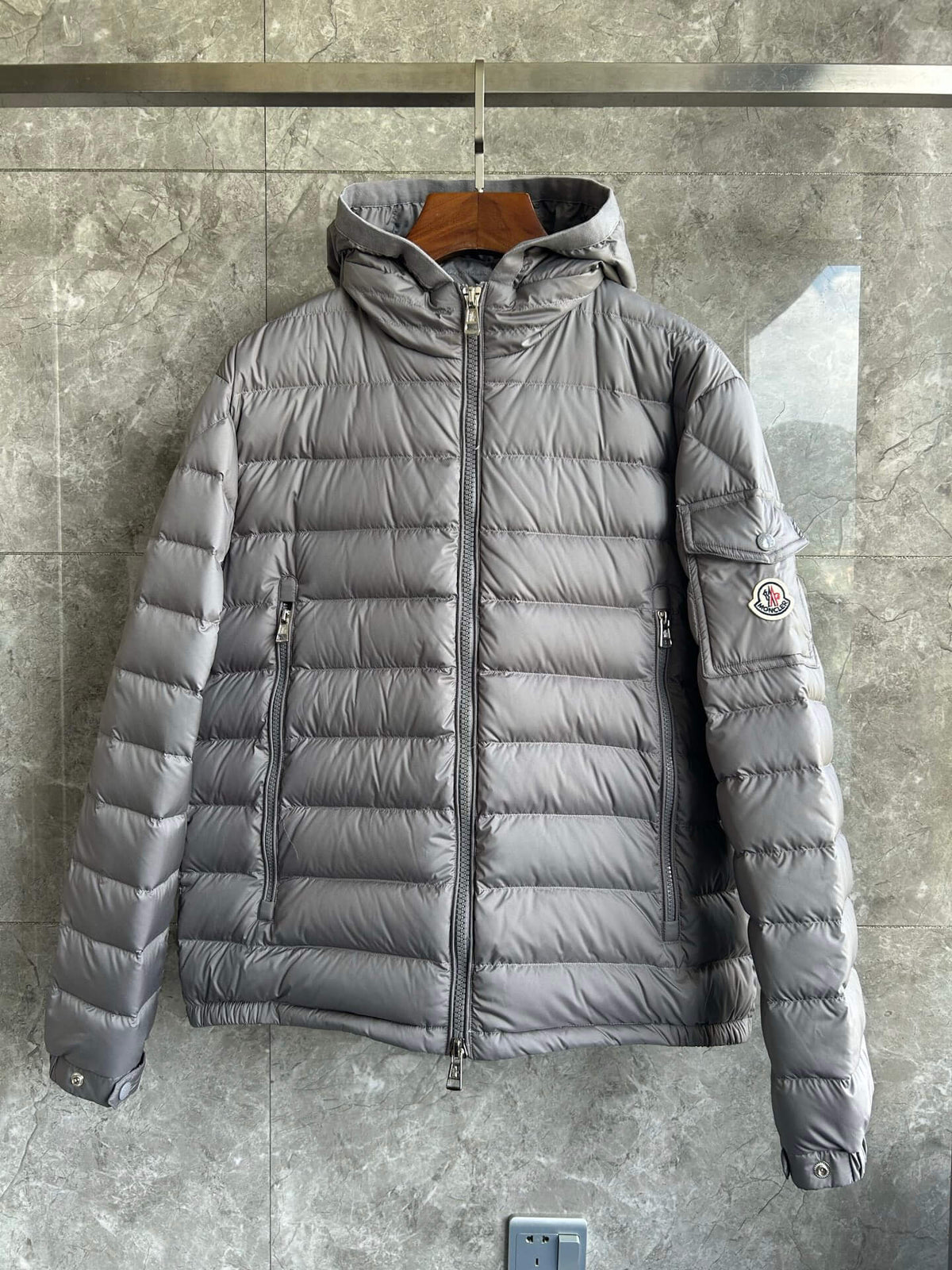 Moncler Galion Hooded Short Down Jacket – Grey Quilted Puffer