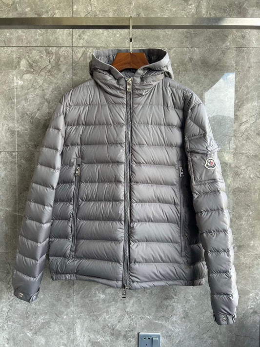 Moncler Galion Hooded Short Down Jacket – Grey Quilted Puffer