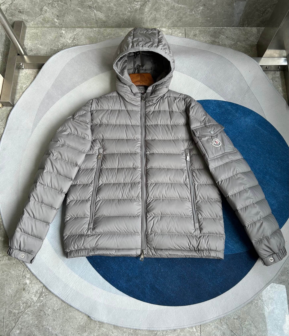 Moncler Galion Hooded Short Down Jacket – Grey Quilted Puffer