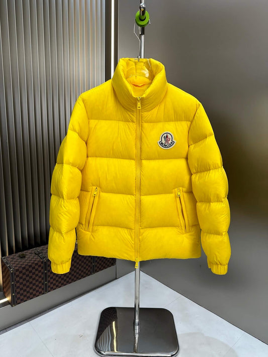 Moncler-inspired Maya yellow short down jacket displayed open on stand with glossy finish.