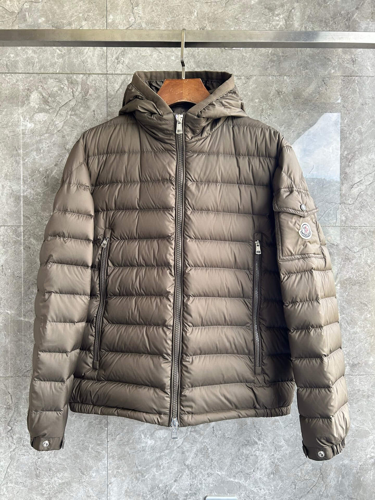 Moncler Galion Hooded Short Down Jacket – Olive Green Quilted Puffer