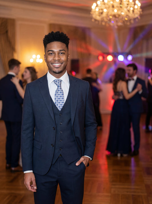 Prom-ready Navy Blue Three-Piece Slim Fit Suit with a modern tailored fit