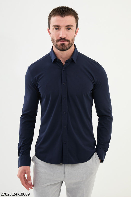 Navy Blue Stretch Fit Long Sleeve Shirt.