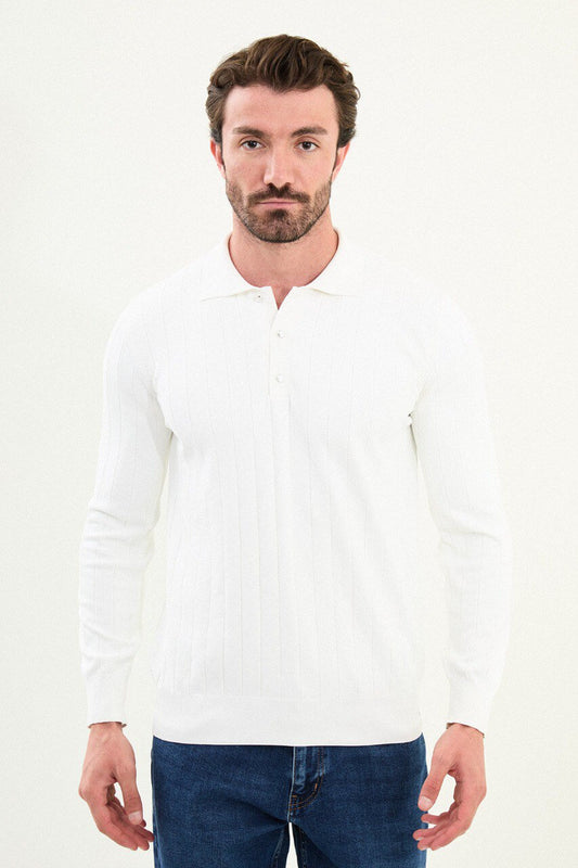 Men’s stark white slim-fit ribbed long-sleeve polo sweater with three-button placket and tonal buttons, cotton-viscose-elastane blend, styled with dark denim.