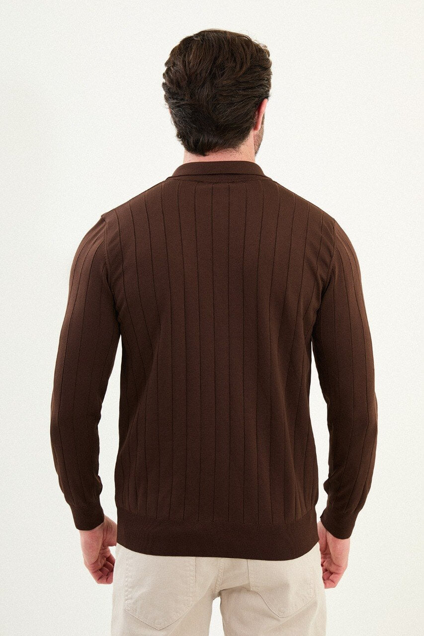 Men’s brown ribbed polo neck long sleeve sweater with button placket, slim fit smart casual knit top styled with beige trousers