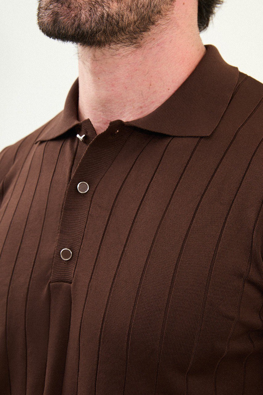 Men’s brown ribbed polo neck long sleeve sweater with button placket, slim fit smart casual knit top styled with beige trousers