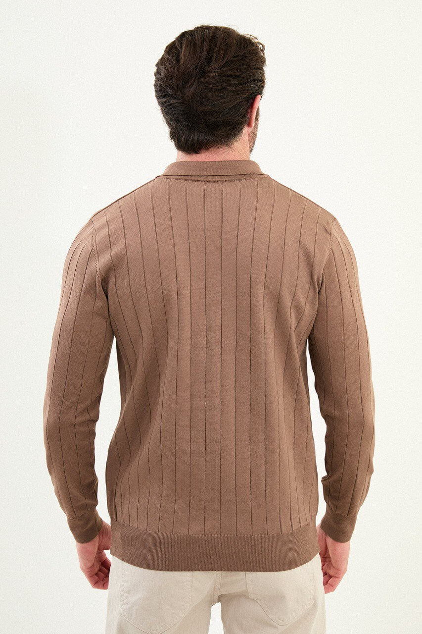 Men’s light brown slim-fit ribbed long-sleeve polo sweater with tonal button placket, cotton-viscose-elastane blend, styled with cream trousers for tonal winter layering.