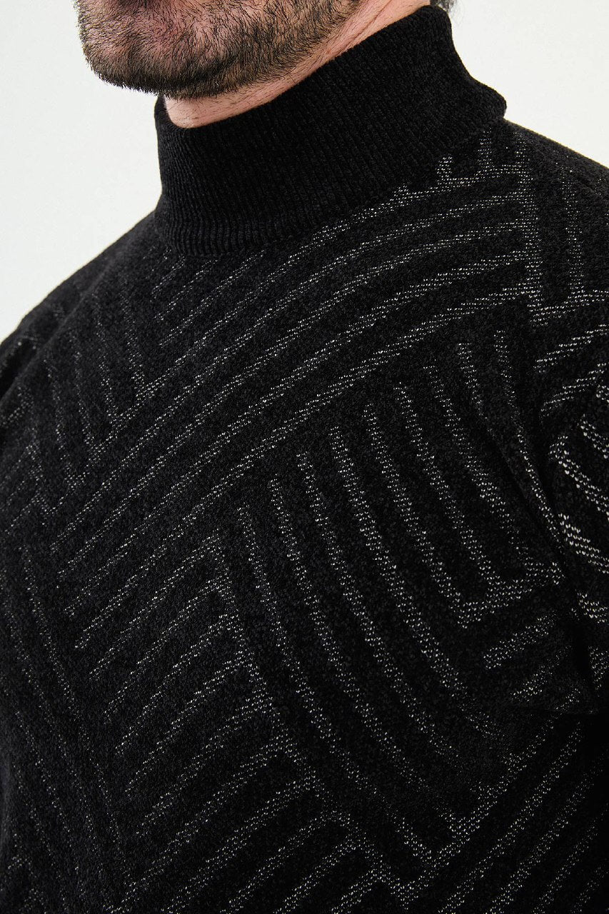 A men’s slim fit black patterned turtleneck sweater with geometric detailing, styled for the Fall-Winter collection.