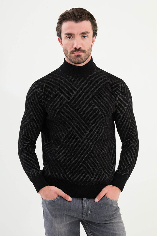 A men’s slim fit black patterned turtleneck sweater with geometric detailing, styled for the Fall-Winter collection.