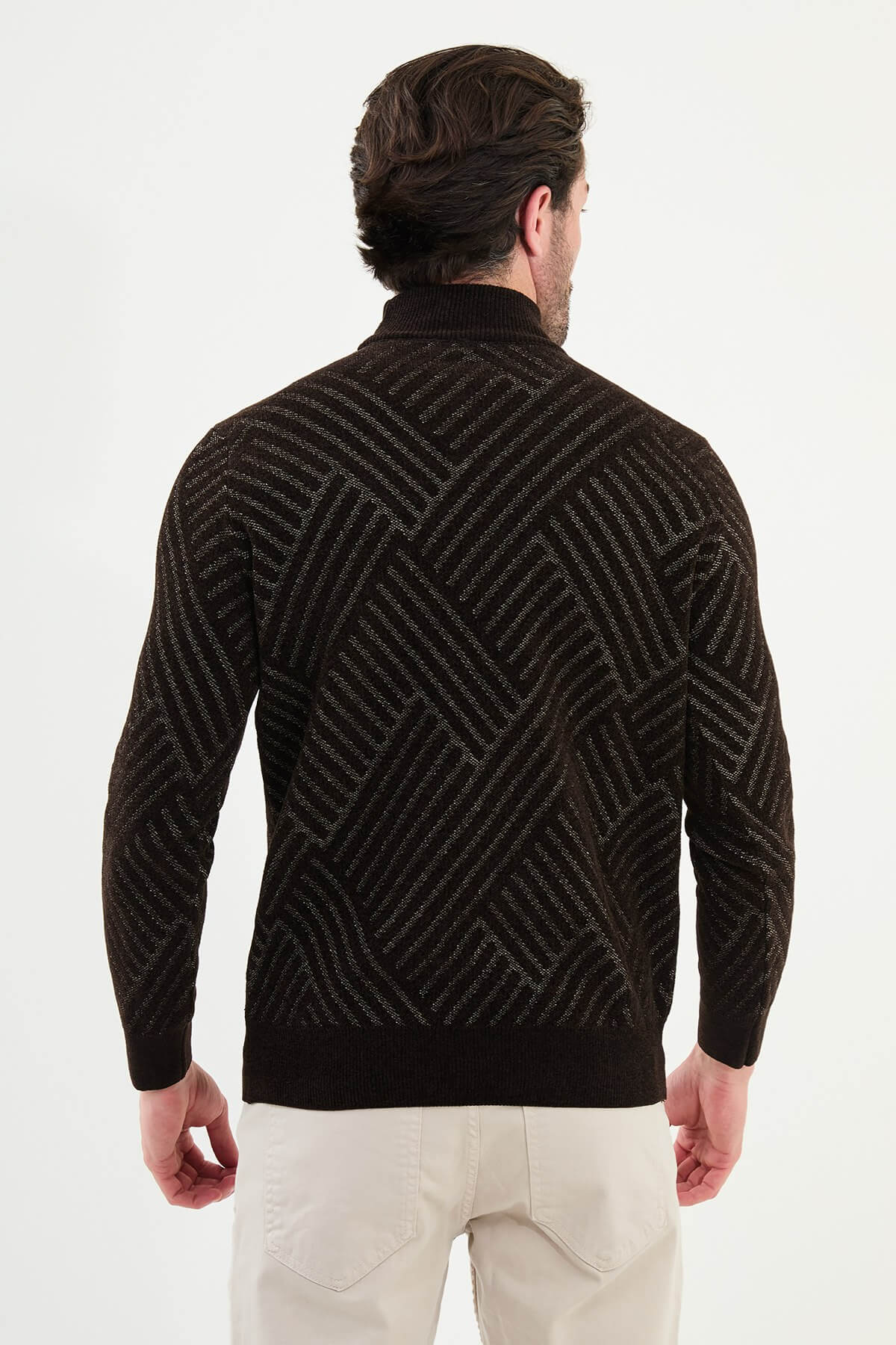 A men’s slim fit brown patterned turtleneck sweater with a geometric design, part of the Fall-Winter collection.